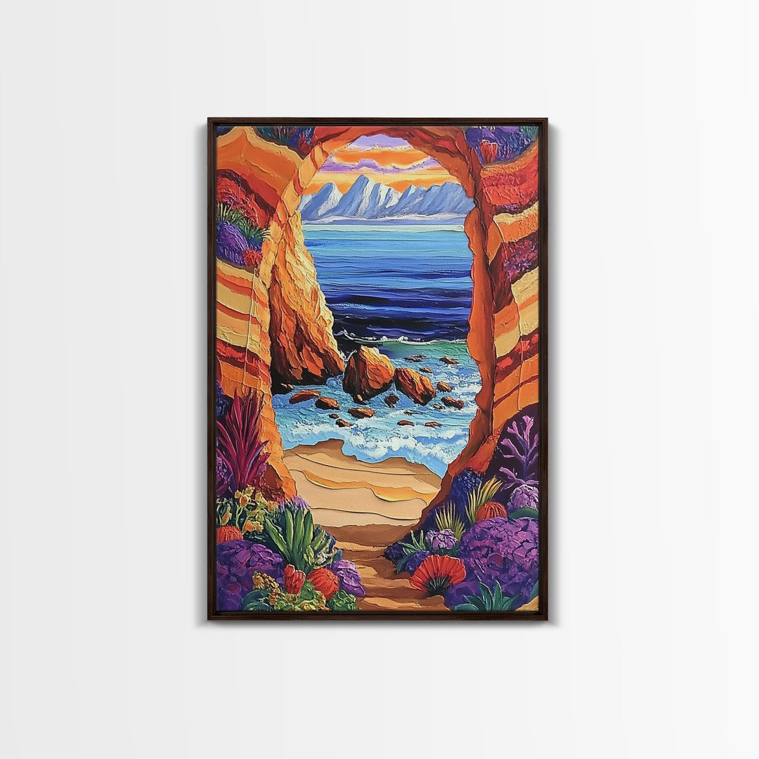 Coastal Archway, Ocean, Escape, Framed Canvas Print bold beach cave painting vivid seascape arch view boho tropical living room wall decor