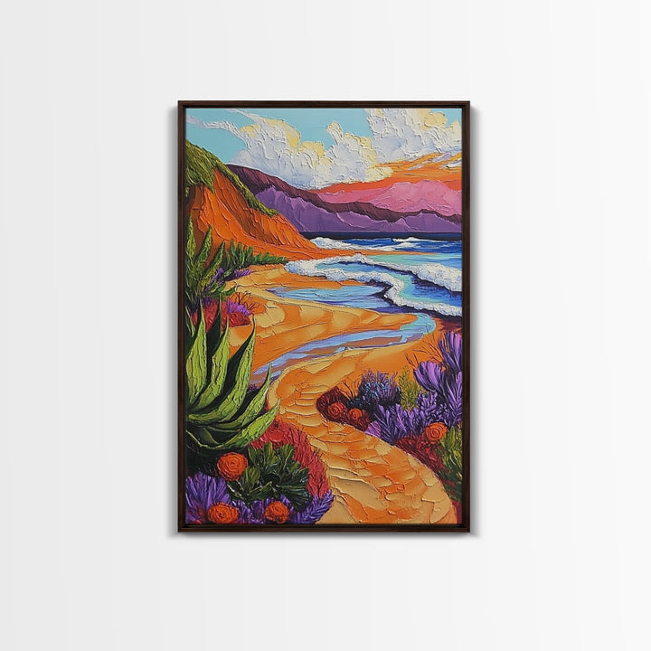 Beach Path, Sunset, Bliss, Canvas Print, tropical beach decor, bold wall art, coastal boho artwork, vibrant summer vibes, Bathroom or Hallway