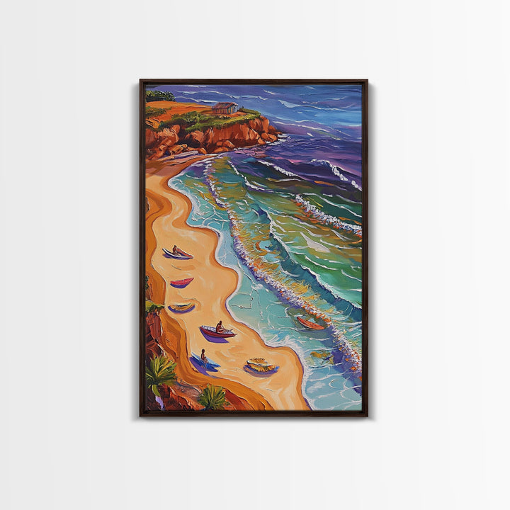 Beach Waves, Boats, Aerial Coastal Landscape, Framed Canvas Print, Boho Ocean Art, Bathroom Wall Decor, Vibrant Nautical Artwork