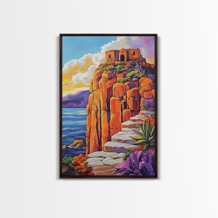 Cliffside Ruins, Ocean, Sunset Ancient Fortress Art, Framed Canvas Print, Dramatic Living Room Wall Decor, Southwest Adventure Style