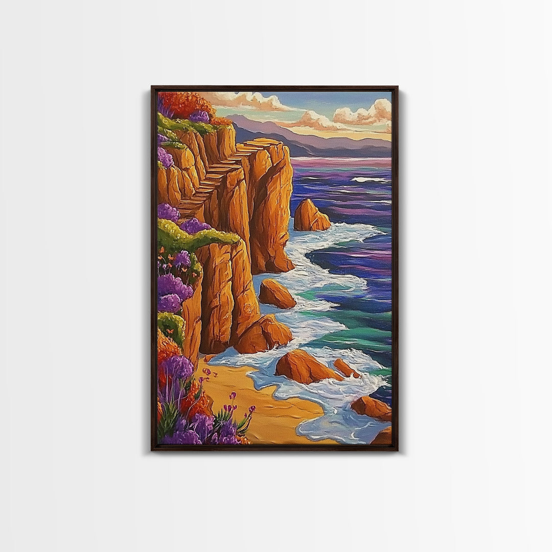 Ocean Cliffside, Path, Sunset, Canvas Print scenic ocean stairs artwork, coastal nature landscape print, Bedroom Wall Art, boho art