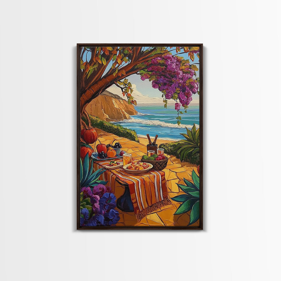 Picnic Beach, Fall Ocean, Framed Canvas Print cozy coastal picnic painting, fall harvest beachside art, Dining Room Wall Art, rustic art