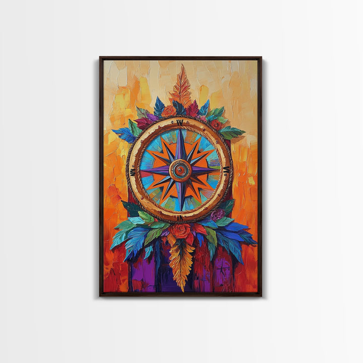 Compass, Rustic, Floral, Wall, Framed Canvas Print, Boho compass rose art with flowers, ideal bohemian home decor or entryway statement art