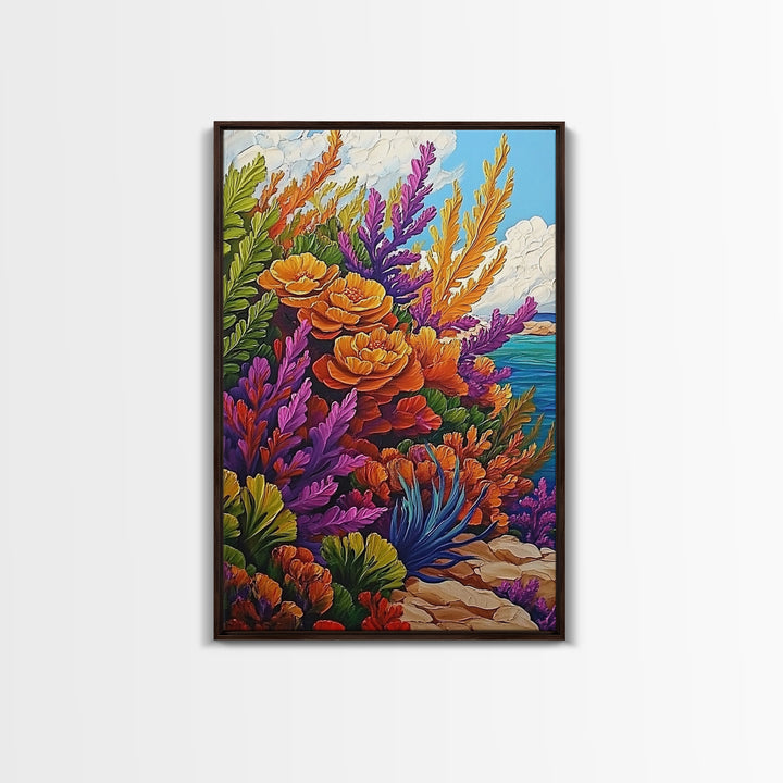 Coastal, Botanical, Garden, Flowers, Framed Canvas Print, Bright coastal flowers with ocean view, ideal summer vibe bathroom or patio wall art
