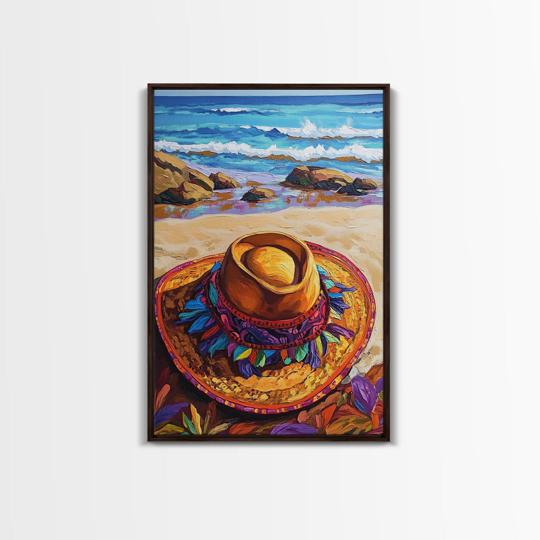 Beach, Hat, Summer, Coastal, Canvas Print, Summer beach scene with festive sombrero, great coastal kitchen or vacation home wall art