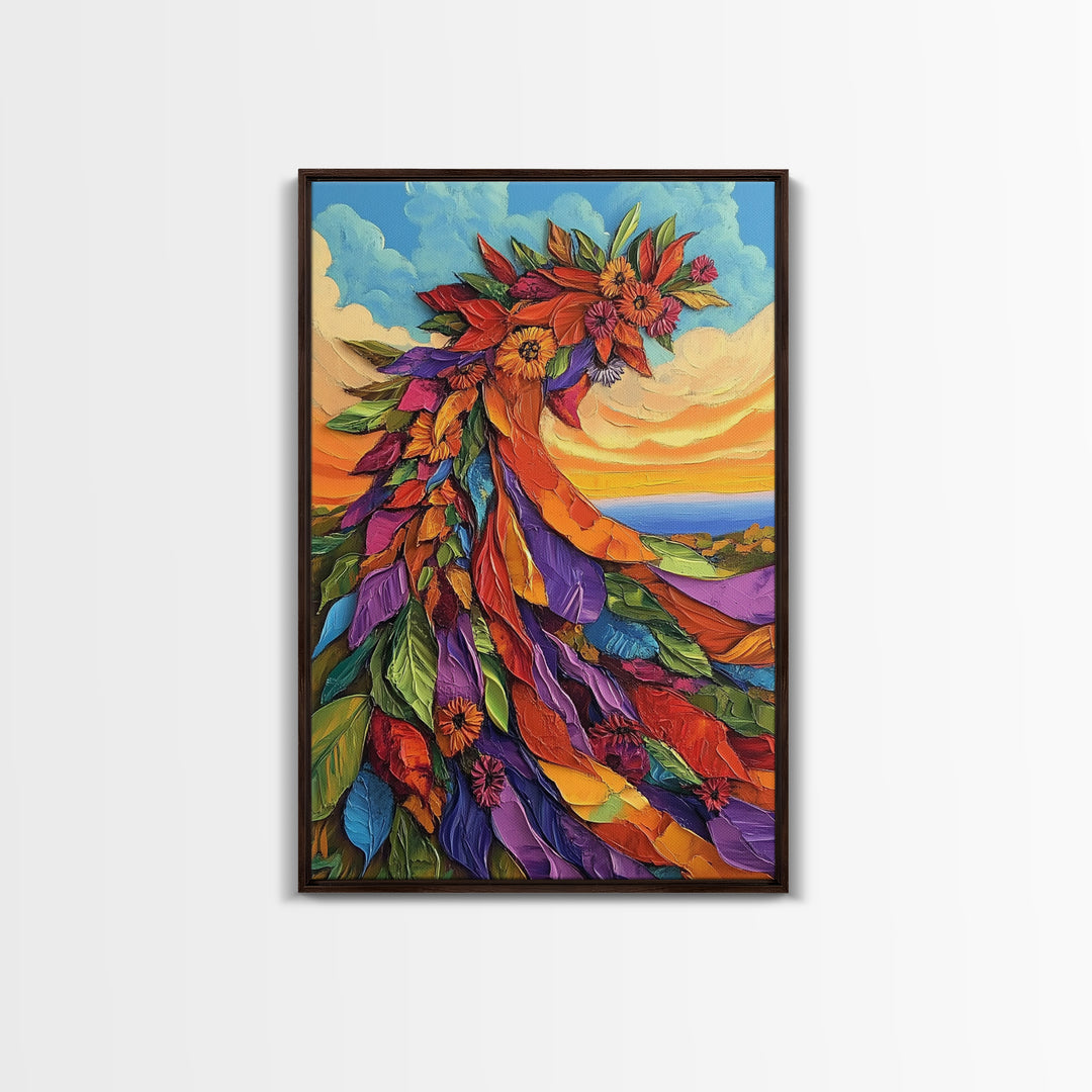 Abstract Bloom, Petals, Rainbow, Framed Canvas Print, bold flower art, modern botanical decor, textured wall piece, Bedroom or Entryway