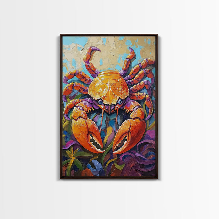 Crab Ocean, Bold, Seafood, Framed Canvas Print, Colorful crab painting with vivid detail, fun nautical art, beach kitchen decor