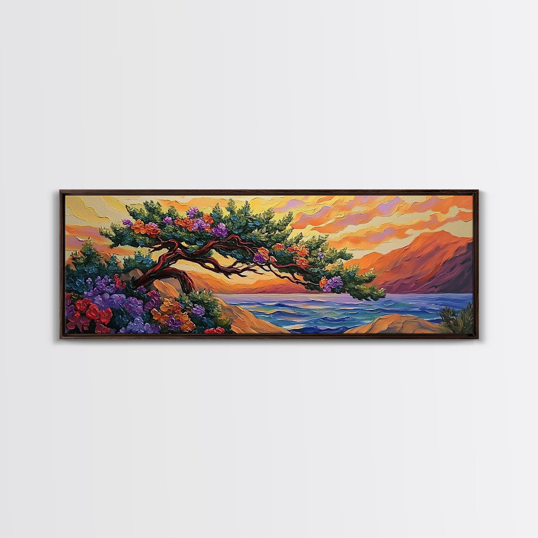 Coastal Tree, Sunset Glow, Flowering Branches, Ocean Horizon, Canvas Print, Bedroom Wall Art, Tranquil Nature Scene, Vibrant Landscape