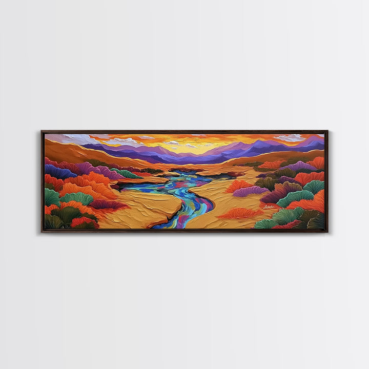 Desert River Sunset, Bold Nature Painting, Vibrant Landscape, Fall Wall Decor, Earthy Living Room Framed Canvas Print, Beach House Wall Art