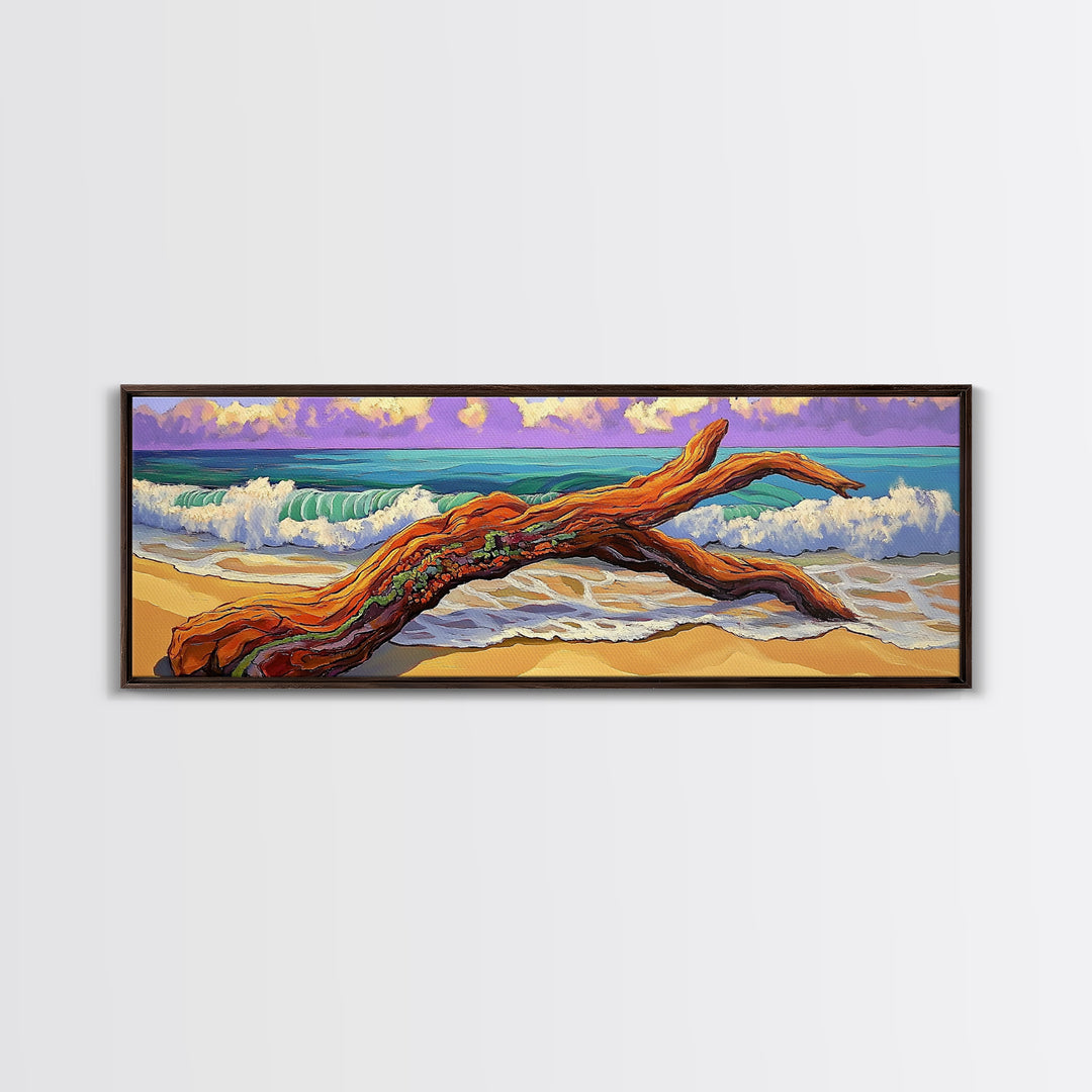 Driftwood Beach, Ocean Wave Art, Coastal Wall Art, Framed Canvas Print, Nature Home Decor, Relaxing Bathroom Art, Bedroom Art
