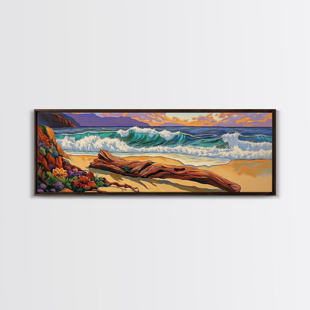 Ocean Shore Driftwood, Seaside Flower Art, Nature Landscape, Framed Canvas Print, Coastal Living Room or Beach House Wall Art