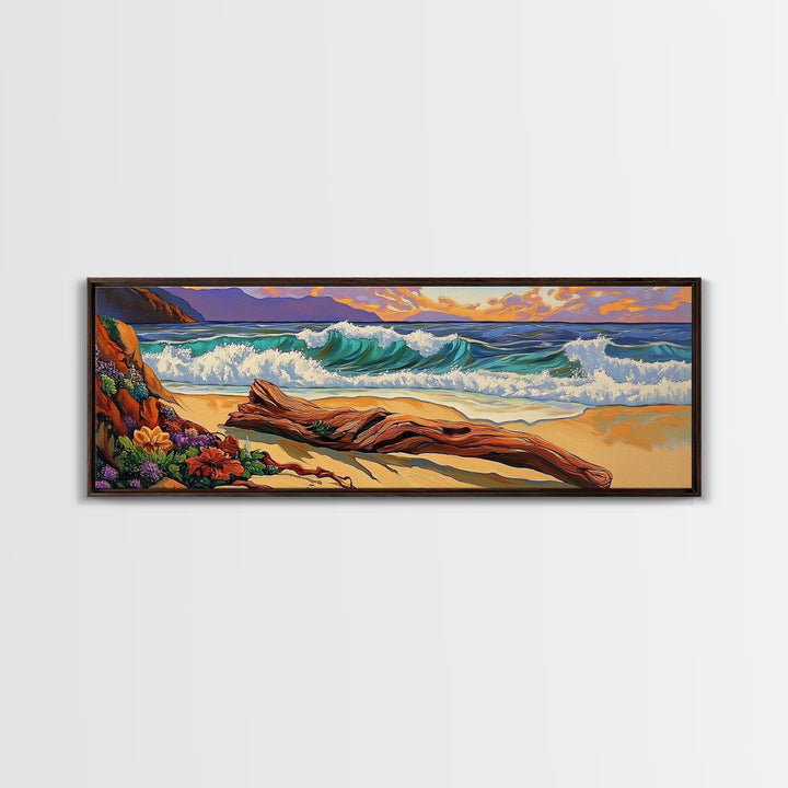 Ocean Shore Driftwood, Seaside Flower Art, Nature Landscape, Framed Canvas Print, Coastal Living Room or Beach House Wall Art