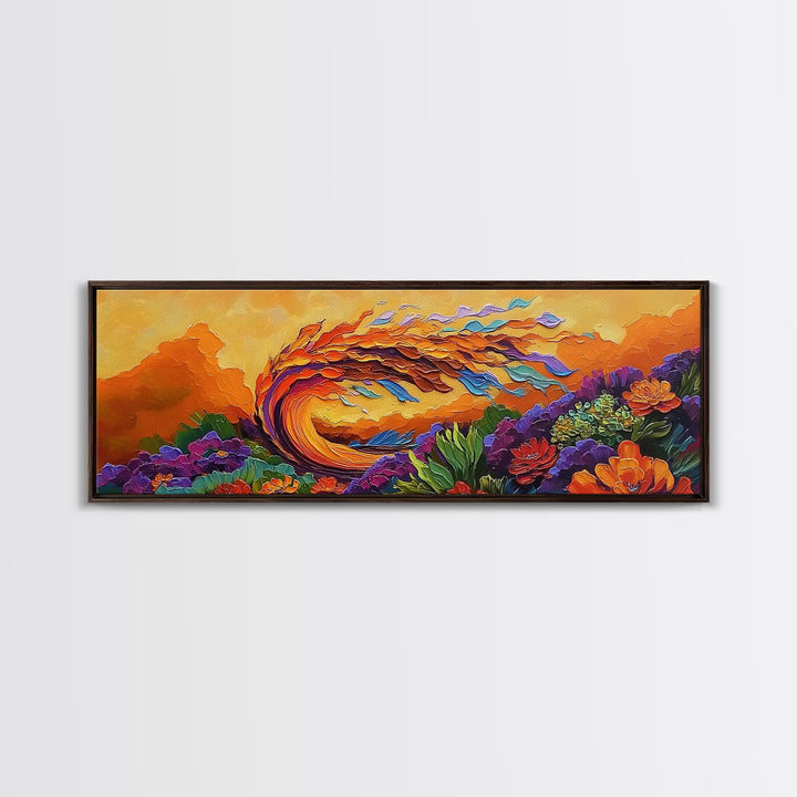 Abstract Wave, Fiery Floral Splash, Boho Landscape Art, Framed Canvas Print, Bold Living Room Statement Wall Decor