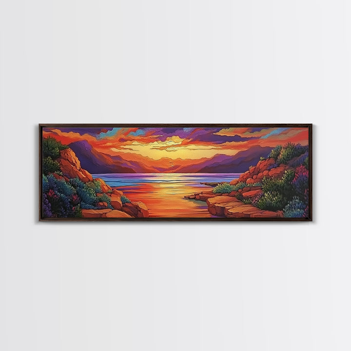 Rocky Sunset, Tranquil Cove, Mountain Glow, Ocean Calm, Framed Canvas Print, vivid sunset art, nature escape, living room decor