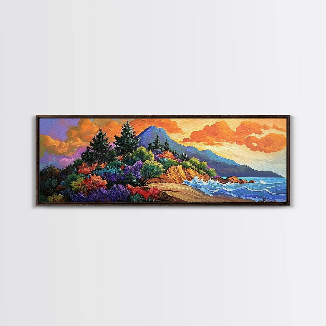 Coastal Forest, Sunset Beach, Lush Pines, Mountain Glow, Framed Canvas Print, outdoor art, nature landscape, hallway decor