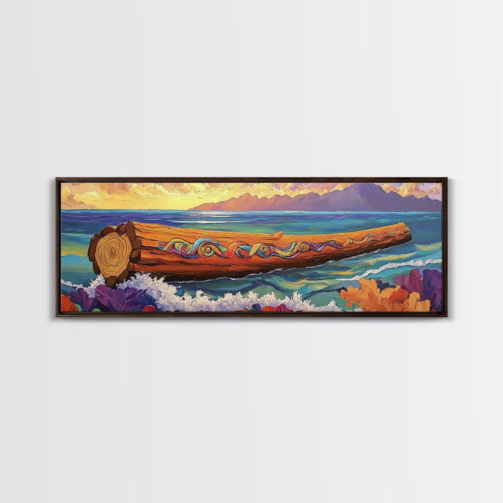 Ocean Driftwood Painting, Coastal Log Art, Vibrant Nautical Wall Scene, Framed Canvas Print, Beach House Decor, Living Room Art