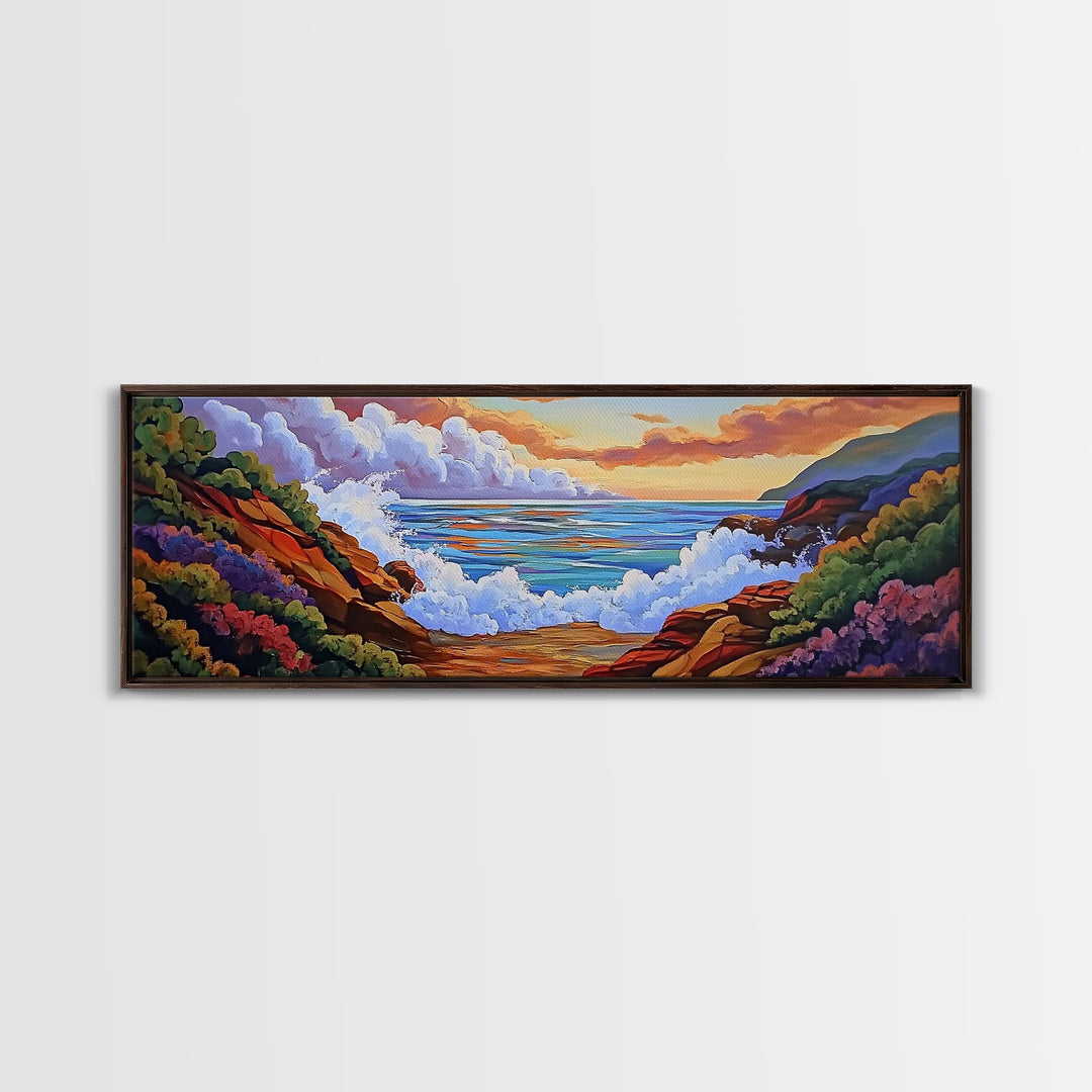 Crashing Waves Painting, Rocky Shoreline View, Sunset Coastal Landscape, Framed Canvas Print, Nautical Art, Living Room Decor