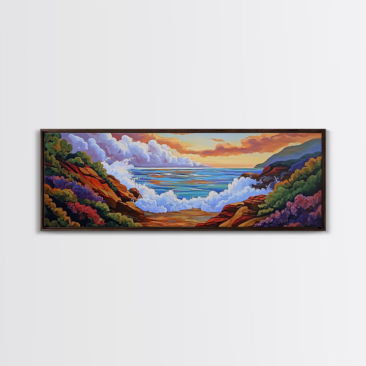 Crashing Waves Painting, Rocky Shoreline View, Sunset Coastal Landscape, Framed Canvas Print, Nautical Art, Living Room Decor