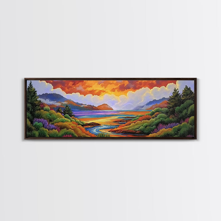 Sunset Lake Scene, Mountain View Art, Tranquil Waterscape Landscape, Framed Canvas Print, Nature Office Decor, Living Room Art