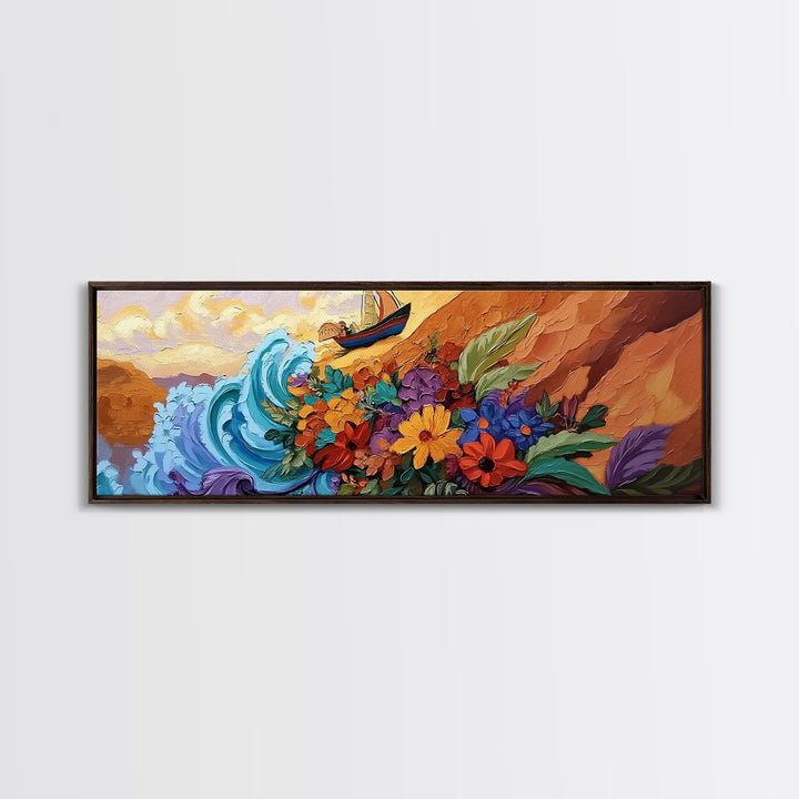 Wave and Flowers Painting, Sailboat Seaside Scene, Bold Floral Coastline Art, Framed Canvas Print, Bathroom Wall Art, Eclectic Art