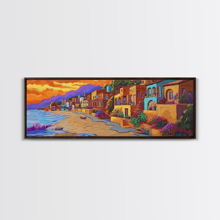 Seaside Village Sunset, Colorful Coastal Homes, Vibrant Ocean View, Framed Canvas Print, Beach House Decor, Bohemian Art