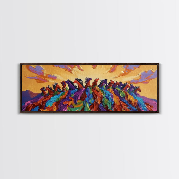 Running Wild Horses, Abstract Herd Scene, Sunset Equine Painting, Framed Canvas Print, Western Bedroom Wall Art, Living Room Decor