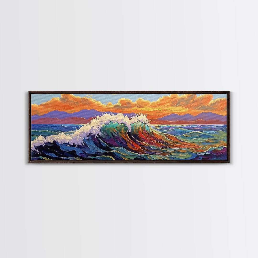 Ocean Wave Sunset, Vibrant Seascape Painting, Tropical Horizon Scene, Framed Canvas Print, Coastal Wall Art, Nautical Decor