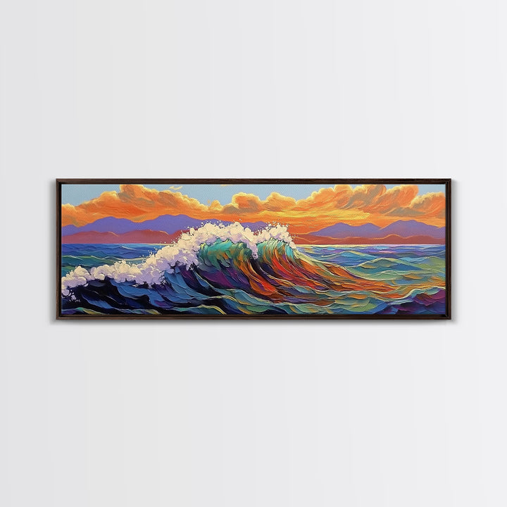 Ocean Wave Sunset, Vibrant Seascape Painting, Tropical Horizon Scene, Framed Canvas Print, Coastal Wall Art, Nautical Decor