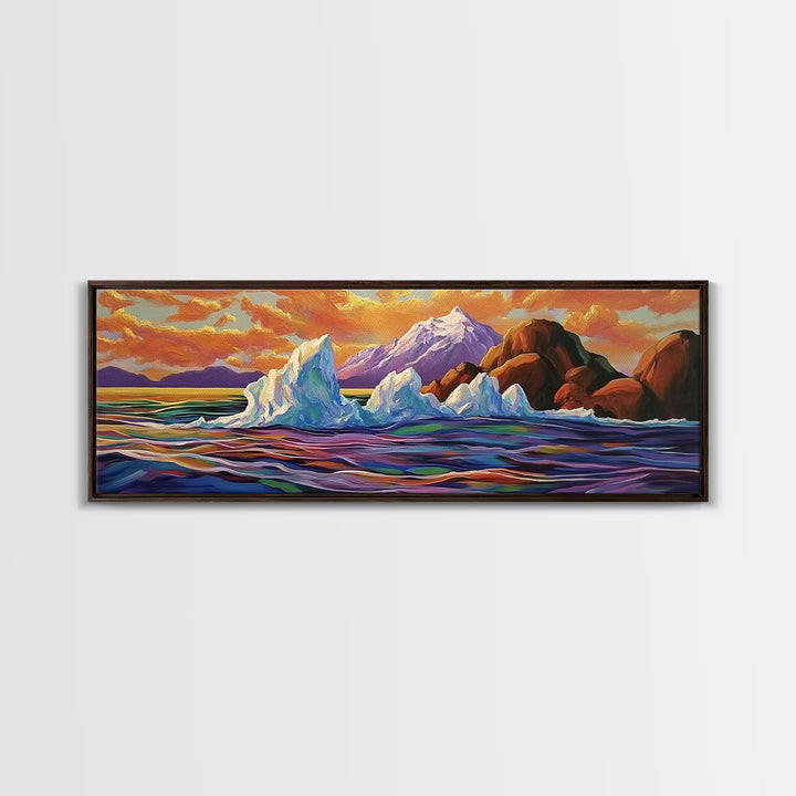 Iceberg Ocean Scene, Arctic Sunset Painting, Majestic Ice Waterscape, Framed Canvas Print, Coastal Wall Art, Winter Home Decor