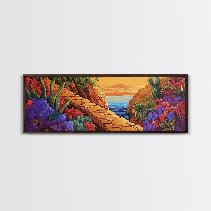 Desert Path, Floral Trail, Mountain View, Framed Canvas Print, Southwestern Wall Art, Nature Inspired Art, Boho Vibe, Living Room Decor