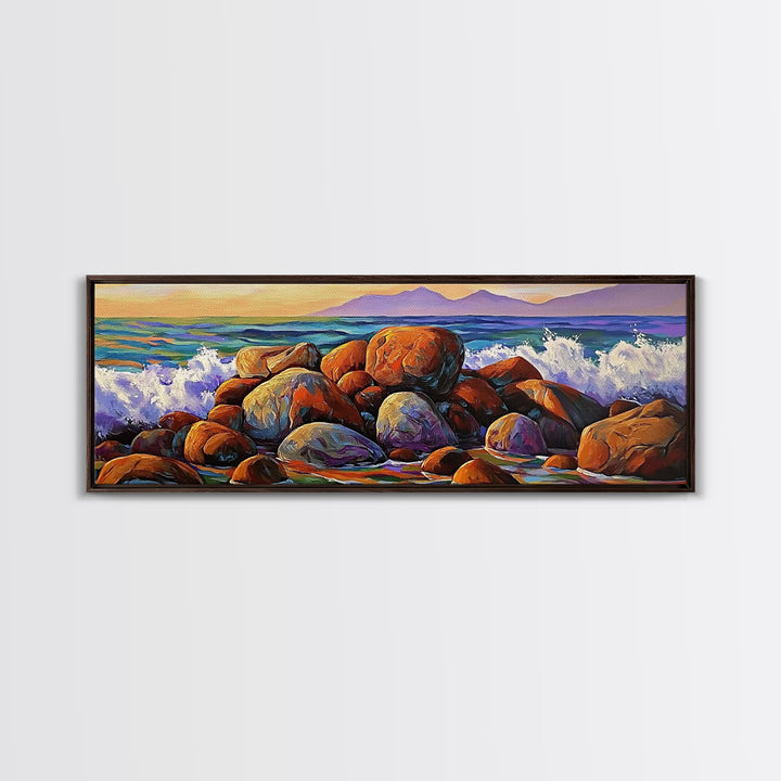 Coastal Boulders, Wave Crash, Ocean Energy, Framed Canvas Print, Beach House Wall Art, Seascape Painting, Coastal Decor, Nature Vibes