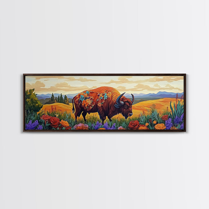 Bison Meadow, Wildflowers, Prairie Soul, Framed Canvas Print, Fall Wall Art, Western Decor, Rustic Living Room Art, Nature Art