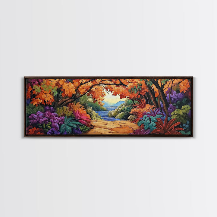 Autumn Archway, Colorful Path, Forest Lake, Vibrant Trees, Framed Canvas Print, Entryway Wall Art, Fall Nature Scene, Boho Art