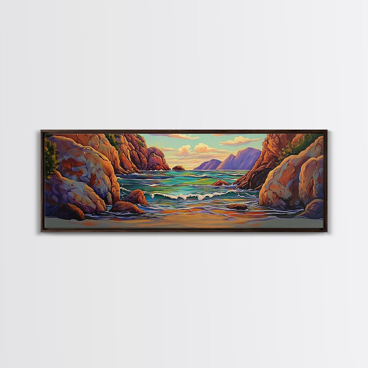 Rocky Cove, Sunset Ocean, Wave Art, Coastal View, Framed Canvas Print, Bathroom Wall Art, Earth Tones, Seascape Canvas Decor