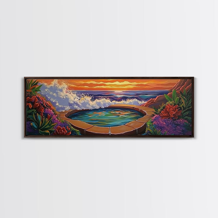 Ocean Hot Spring, Tropical Spa Scene, Sunset Serenity, Coastal Zen, Framed Canvas Print, Relaxation Art, Bohemian Wall Art