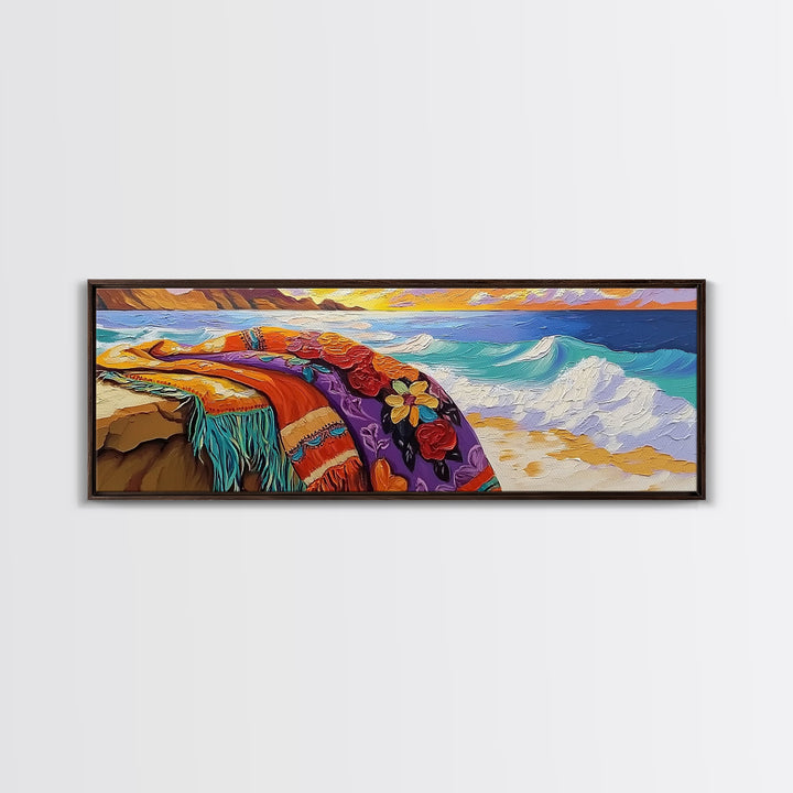 Ocean Blanket Painting, Sunset Coastline Scene, Canvas Print, Coastal Boho Wall Art, Bedroom or Beach House Decor