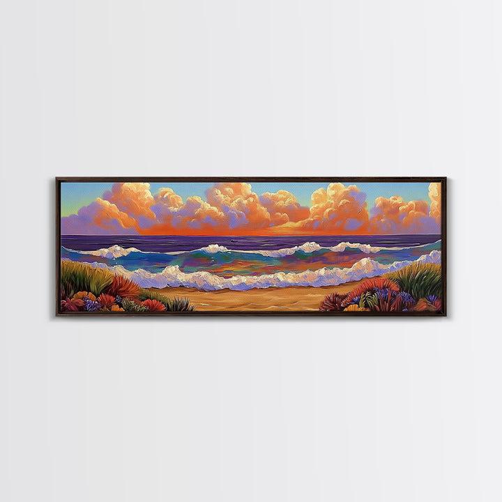 Beach Sunset, Gentle Waves, Cotton Clouds, Summer Calm, Framed Canvas Print, Coastal Wall Art, Soft Pastel Ocean Landscape