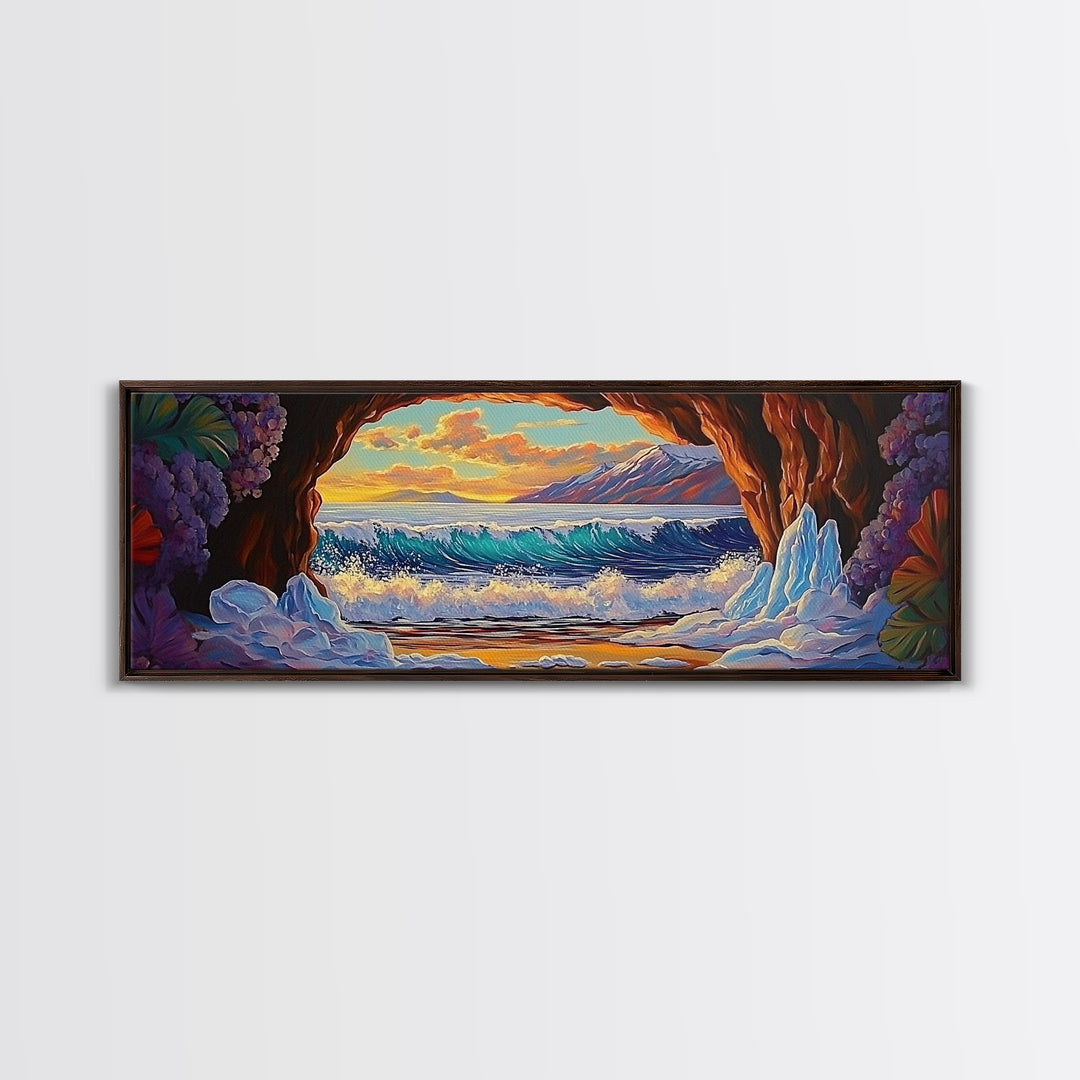 Arctic Ocean Cave, Winter Seascape, Vibrant Ice Waves, Framed Canvas Print, Seasonal Wall Art, Coastal Fantasy Decor