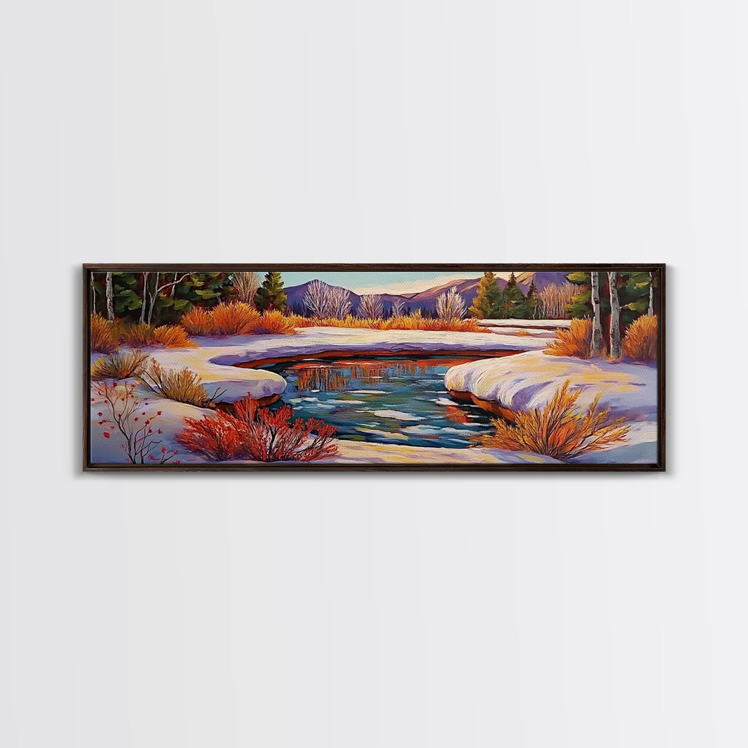 Snowy Mountain Pond, Winter Forest Stream, Sunset Reflection, Canvas Print, Rustic Cabin Wall Art, Nature Landscape Art