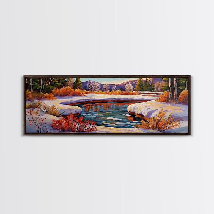 Snowy Mountain Pond, Winter Forest Stream, Sunset Reflection, Canvas Print, Rustic Cabin Wall Art, Nature Landscape Art