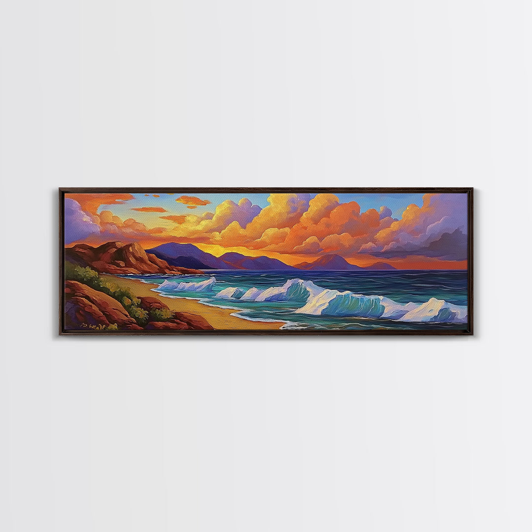 Coastal Sunset Glow, Ocean Horizon, Vibrant Wave Art, Framed Canvas Print, Living Room Wall Art, Colorful Beach Landscape