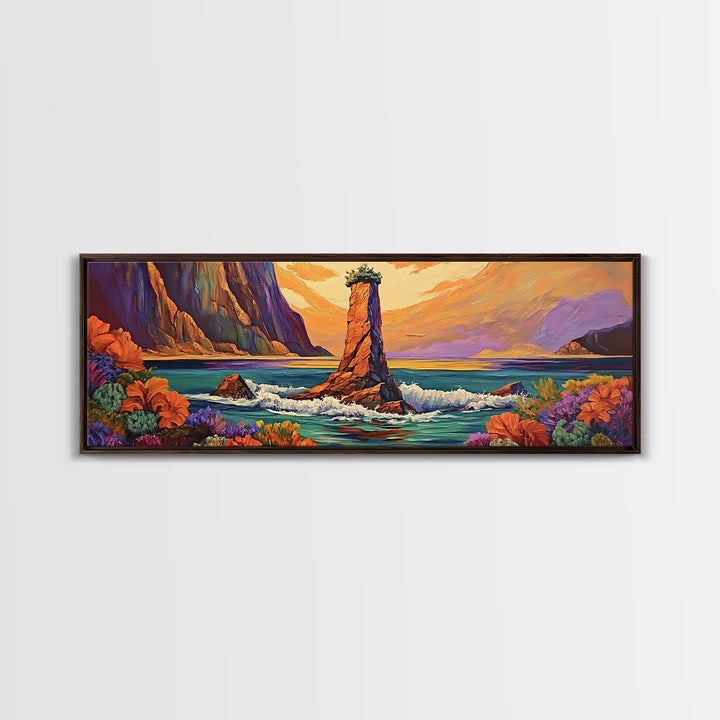Ocean Rock Island, Sunset Coastline, Floral Foreground, Canvas Print, Living Room Wall Art, Mystical Nature Landscape
