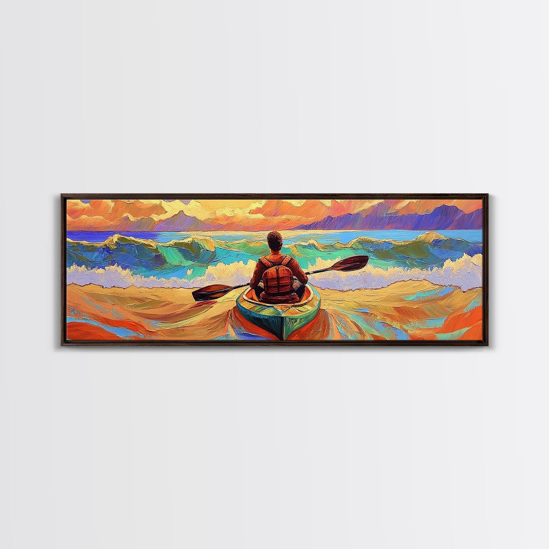 Ocean Kayaker, Waves Sunset, Adventure Spirit, Beach Home Accent, Framed Canvas Print, Coastal Wall Art, Colorful Outdoor Art