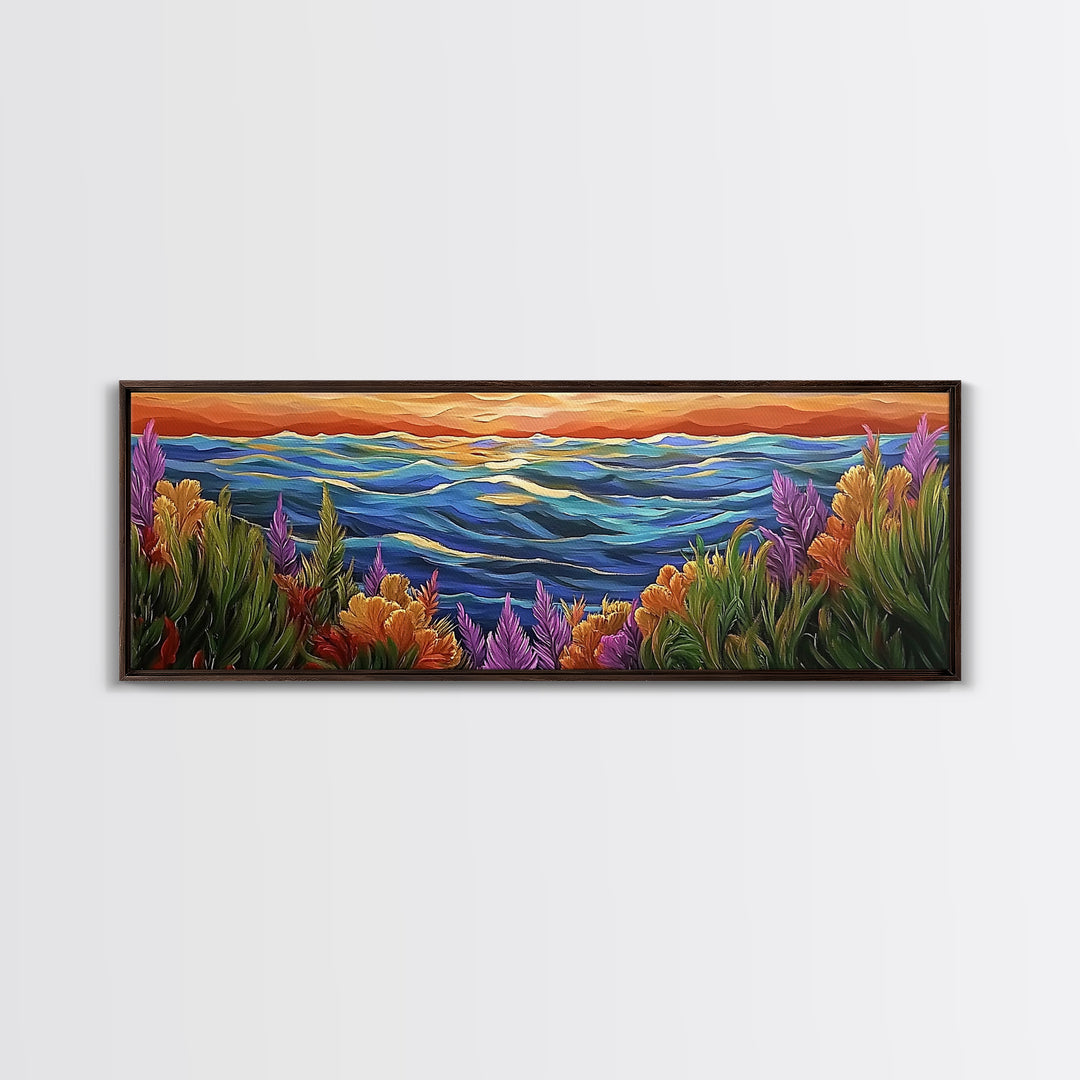 Ocean Horizon, Sunset Sea, Flower Garden, Nature Escape, Canvas Print, Beach House Decor, Tropical Seascape Wall Art
