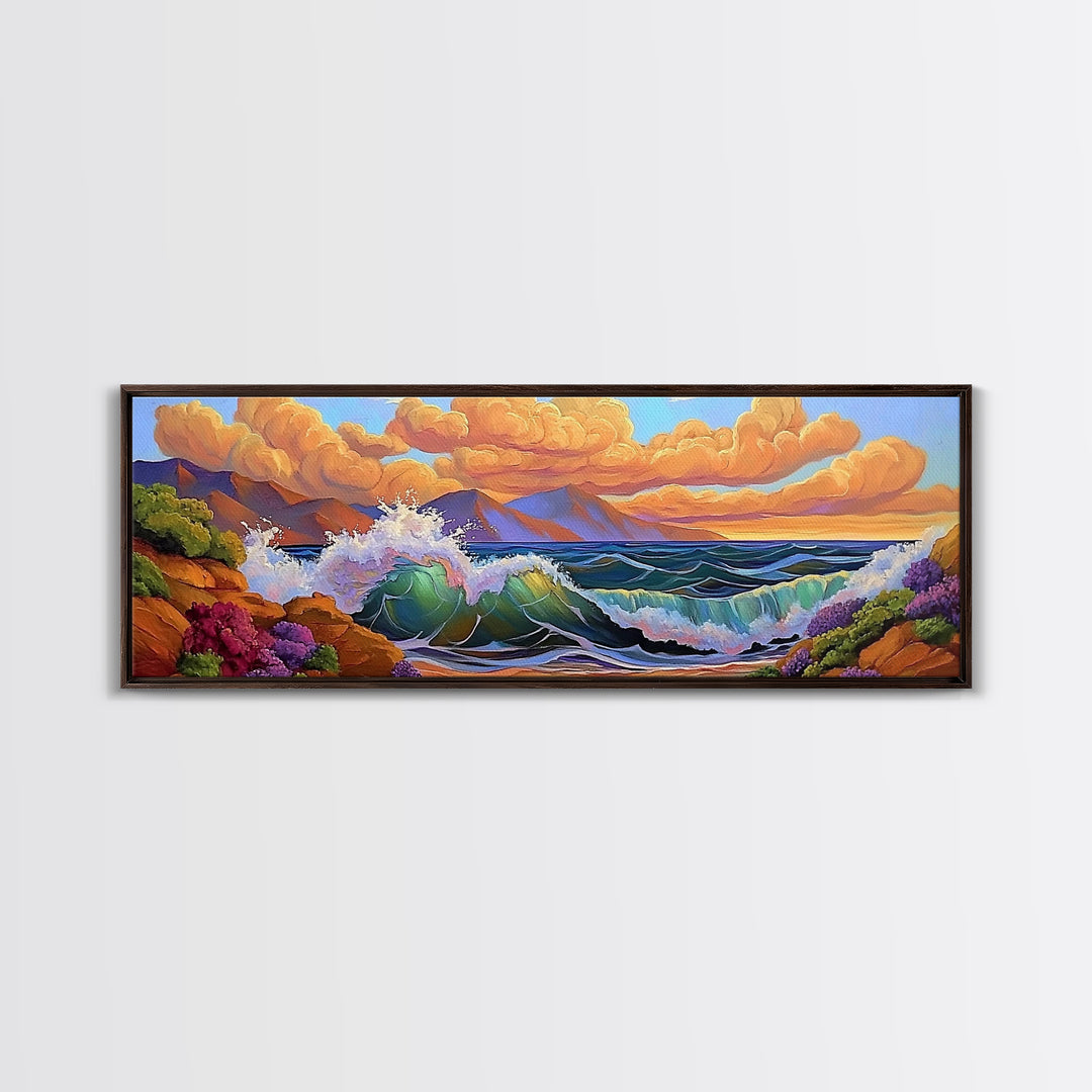 Coastal Surf, Sunset Clouds, Tropical Vibes, Ocean Wave Art, Framed Canvas Print, Beach House Decor, Seaside Living Room Art