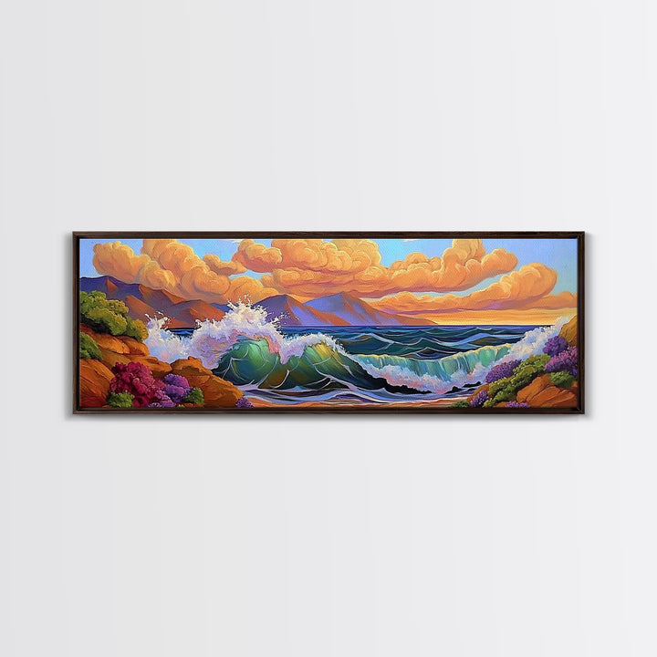 Coastal Surf, Sunset Clouds, Tropical Vibes, Ocean Wave Art, Framed Canvas Print, Beach House Decor, Seaside Living Room Art