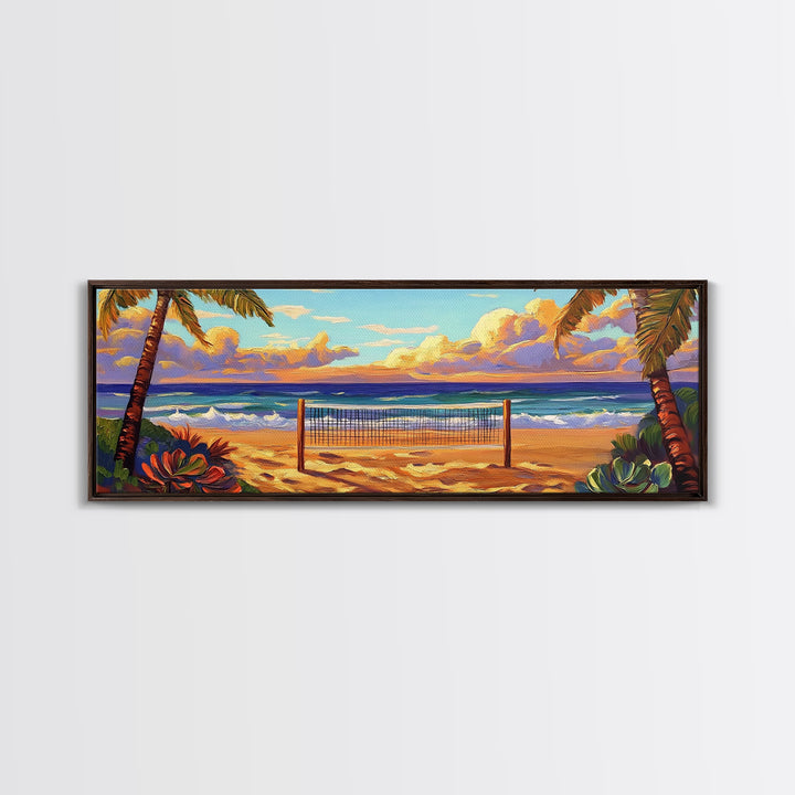 Beach Sunset, Palm Trees, Volleyball Net, Tropical Decor, Framed Canvas Print, Coastal Wall Art, Boho Beach Vibes, Game Room Art