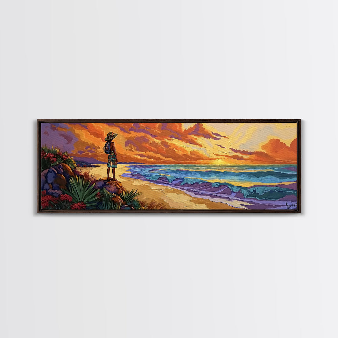 Ocean Sunset, Traveler View, Warm Colors, Beach Adventure, Framed Canvas Print, Wanderlust Wall Art, Bedroom Accent, Nature Lover Gift