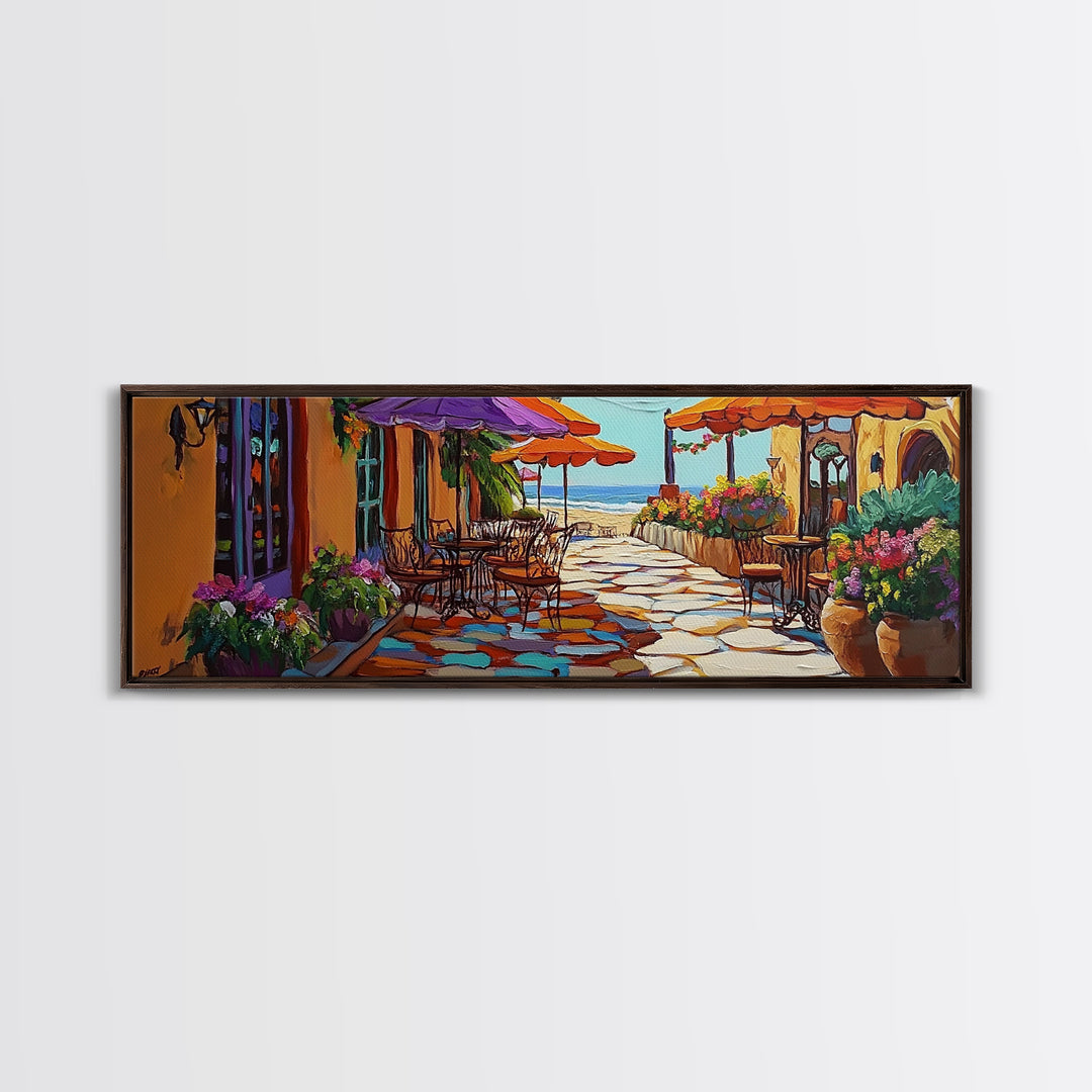 Coastal Café, Ocean View, Umbrella Patio, Bright Florals, Framed Canvas Print, Kitchen Wall Art, Mediterranean Style, Garden Dining Art