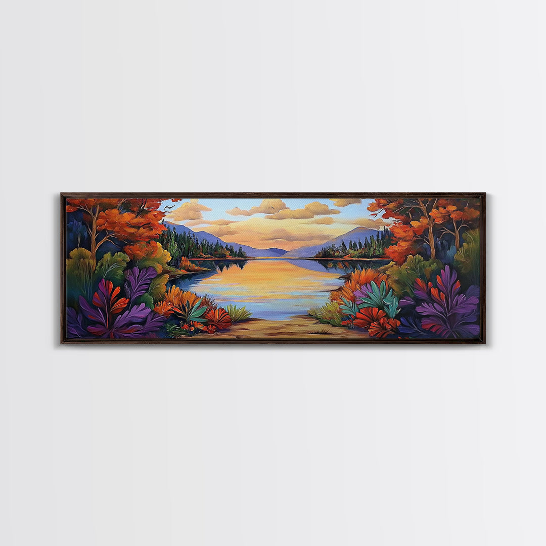 Autumn Lake Reflection, Tranquil Nature Painting, Fall Forest Sunset, Framed Canvas Print, Cozy Living Room or Cabin Wall Decor